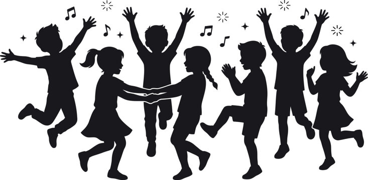 Silhouette of happy children dancing and playing together