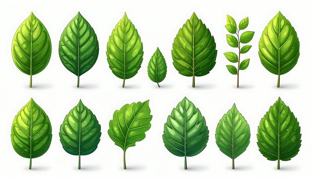 A collection of 12 different green leaves on white background