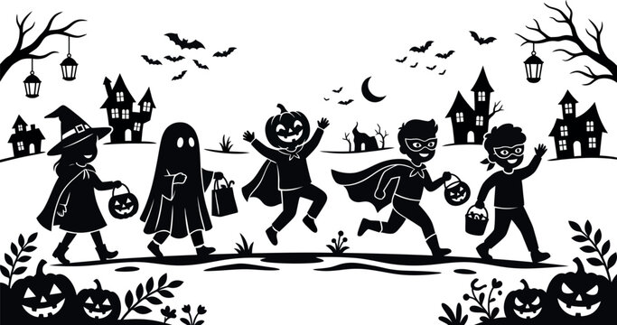 Black and white halloween kids trick or treating