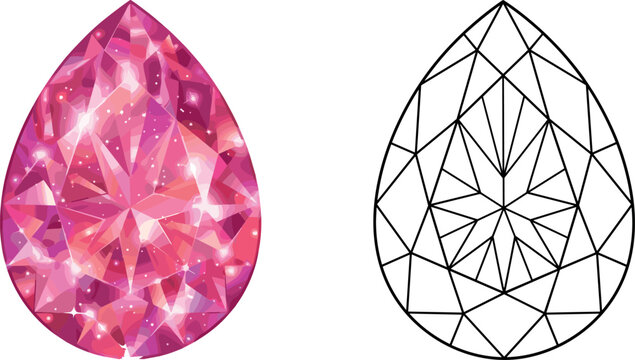 Pink crystal gemstone vector illustration set featuring a realistic sparkling pear shaped ruby alongside its black line art outline diagram isolated on white background.