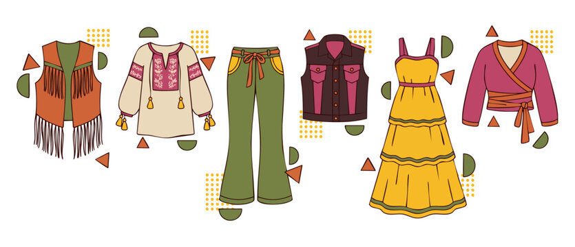Boho fashion clothing set vector of retro 1970s bohemian style apparel featuring fringe vest, embroidered peasant blouse, flared pants, tiered maxi dress, and wrap top isolated on white background.