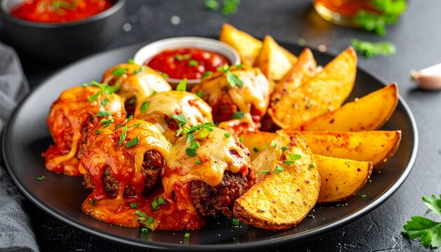 Chili Cheese Meatballs mit Kartoffelspalten