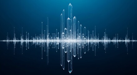 Obraz premium An array of translucent ice crystal sculptures reflecting light against a deep blue background, suggesting abstract energy or sound.