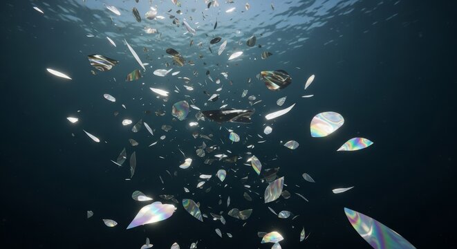 Scattered plastic debris shimmering underwater in a polluted ocean environment