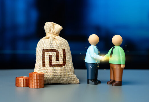 Businessman shaking hands and Israeli shekel money bag. Negotiation strategy influences deal outcomes and business growth. Financial agreement shapes cooperation.