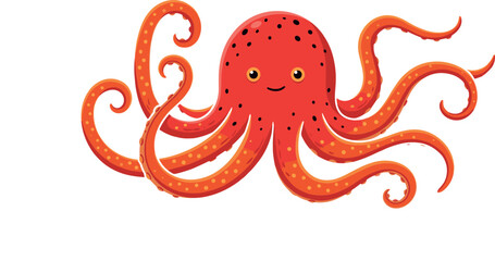 Cute red octopus vector illustration featuring a friendly smiling cartoon sea creature with wavy tentacles and spots isolated on white background. © MstBizly