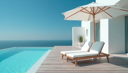 Fototapeta premium Two white lounge chairs sit under a large umbrella beside an infinity pool. Modern white architecture overlooks a calm blue ocean. Sunny day suggests relaxation and vacation.