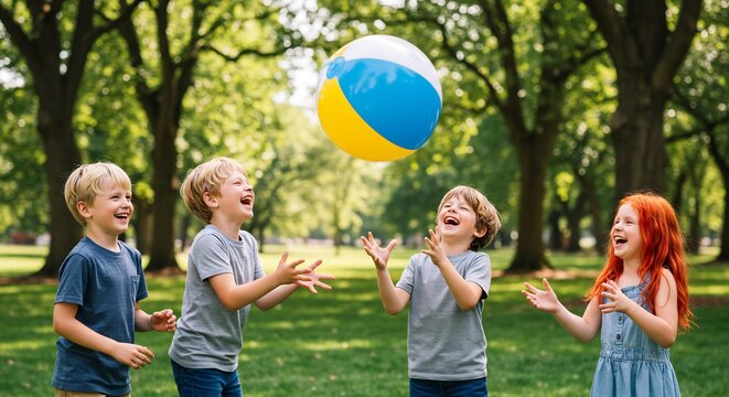 さんさんと輝く夏の太陽の下広々とした緑豊かな公園で無邪気な子供たち四人が飛び跳ねるように楽しそうにカラフルなビーチボールを弾ませ満面の笑顔で夏の喜びを全身で表現しながら遊んでいます. AI Generated