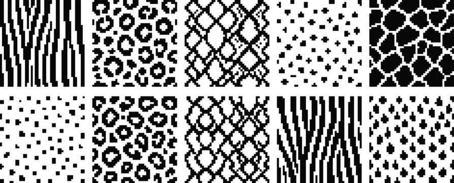 Animal print seamless patterns with zebra stripes leopard spots snake scales giraffe patches abstract textures