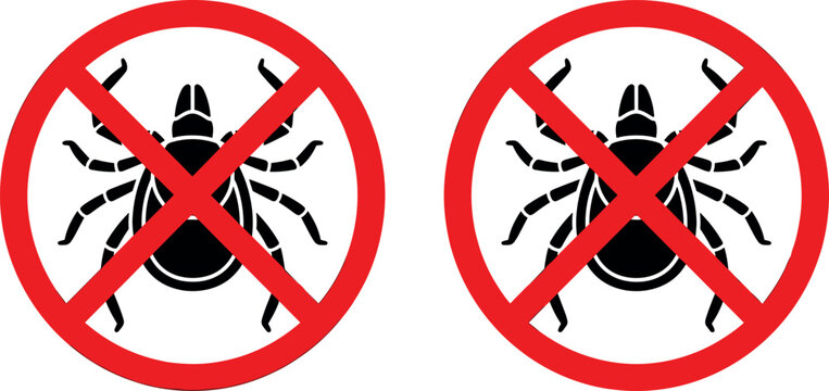 Anti tick warning sign vector illustration featuring black insect silhouette inside red prohibition circle crossed out symbol isolated on white background.