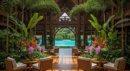 Obraz premium Luxurious Tropical Resort Lobby With Lush Greenery And Ocean View