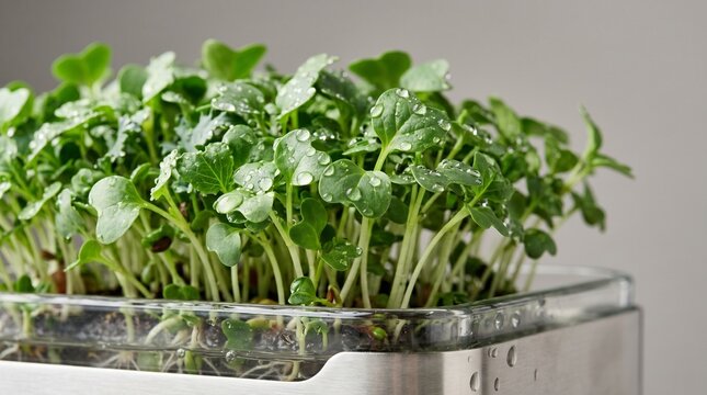 Fresh microgreens growing in clear container with moisture droplets  
