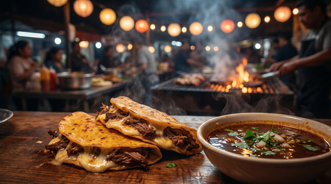 Authentic birria tacos and beef consome at a night market stall