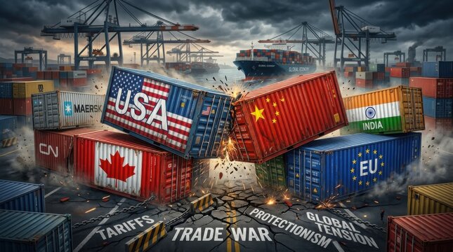 Freight containers crashing, trade war, shipping port, conflict
