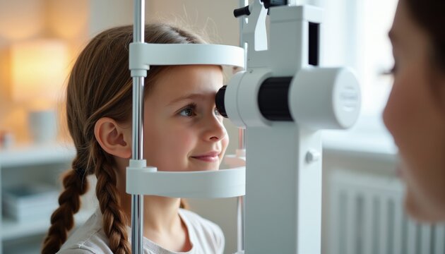 Young girl on eye exam using autorefractor in bright optometry clinic. Child smiles during vision assessment by pro optometrist. Modern office features wooden furniture, promoting wellness,