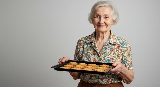 優しく微笑む高齢女性が愛情込めて焼き上げた黄金色の手作りクッキーをトレイに載せ差し出す 明るく柔らかな光が彼女の温かい眼差しと家庭的なお菓子を優雅に照らし心に安らぎを与える. AI Generated