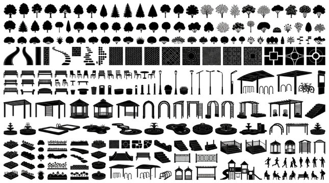 Landscape Architecture CAD Block Library with Urban Furniture Paving Patterns Pergolas and Tree Silhouettes