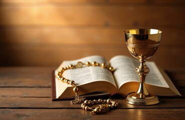 Obraz premium Golden chalice sits on open bible next to rosary beads on wood table. Holy symbols for Catholic faith and communion celebration. Sacred religious worship still life.