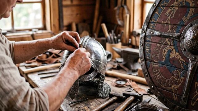 Tracking slow motion pan of artisan hands repairing and assembling medieval helmet and painted shield on wooden workbench in rustic workshop