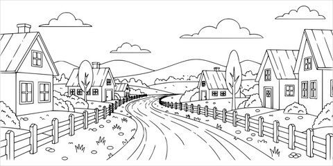Fototapeta premium Scenic Country Road Through Rural Village Coloring Page Outline Illustration