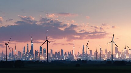 Naklejka premium Smart eco city skyline with wind turbines at sunset, renewable energy infrastructure and sustainable urban development, modern skyline and clean technology concept