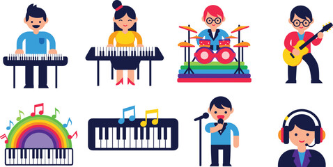 Naklejka premium Music Band and Musician Character Set with Keyboard Player, Drummer, Guitarist, Singer, DJ with Headphones, and Colorful Piano for Music and Entertainment Design