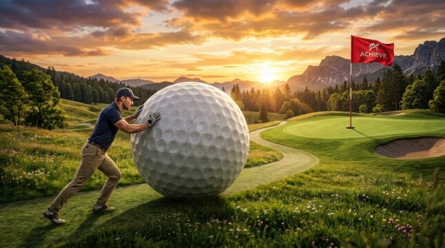 Golfer pushing giant golf ball on golf course at sunset