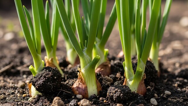 鮮やかな緑が印象的な瑞々しい青ネギの若い芽が温かい太陽の光を浴びて肥沃な土壌から力強く成長する美しい瞬間. AI Generated