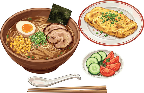 Vector illustration collection of traditional Japanese ramen noodle soup bowl with chashu pork egg tamagoyaki omelet side dishes and chopsticks isolated on white background