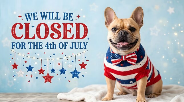 4th of july closure sign with cute french bulldog in patriotic sweater
