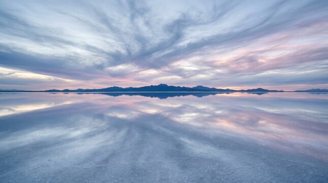 Salt lake mirror reflection with clear blue sky and distant mountain skyline at sunrise