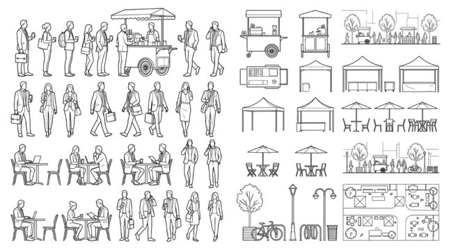 Urban Market and Architectural CAD Symbol Set Featuring Human Figures, Seating Plans, and Street Furniture Blocks