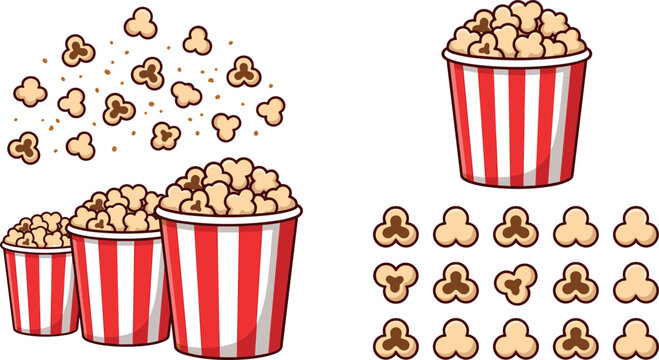 Vector cartoon illustration set of delicious popcorn in red and white striped buckets with flying kernels isolated on white background
