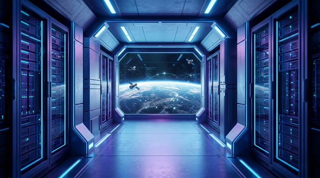 Futuristic orbital data center corridor inside space station with server racks and view of planet earth, 3d rendering