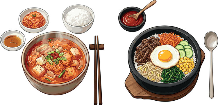 Traditional Korean food vector illustration featuring bibimbap in a stone bowl and kimchi jjigae stew with tofu side dishes rice chopsticks and spoon.