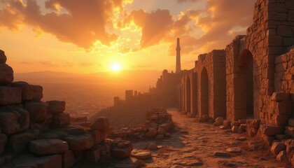 Obraz premium Ancient stone ruins ascend a hillside at sunset. Crumbling walls with arches overlook a hazy city below. A tall minaret stands against dramatic orange clouds and a setting sun.