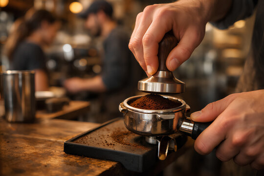Close-up of barista tamping ground coffee in espresso portafilter on wooden cafe counter with warm lights and busy coffee shop background during morning service