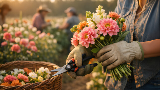 Gloved gardener holding colorful fresh dahlia bouquet and pruning shears in sunlit flower field with basket of cut blooms and soft rural background during harvest