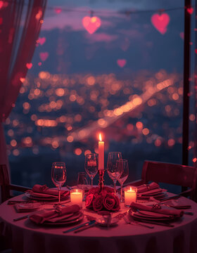romantic candlelight dinner setup overlooking city lights
