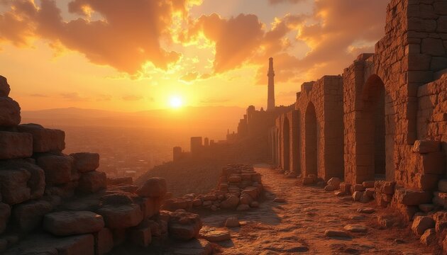 Ancient stone ruins ascend a hillside at sunset. Crumbling walls with arches overlook a hazy city below. A tall minaret stands against dramatic orange clouds and a setting sun.