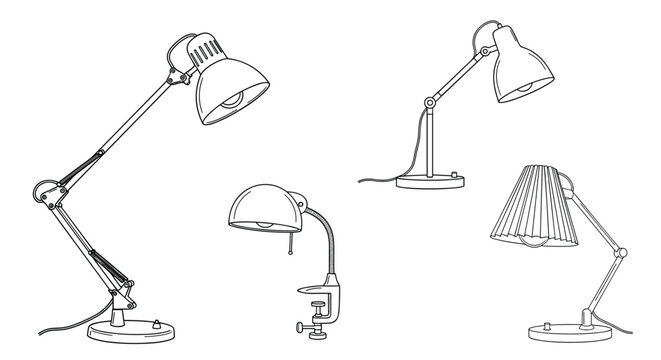 Collection of various desk lamp line drawings features different styles like swing arm, clip on, and traditional base on a white background.