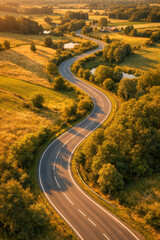 Fototapeta premium Winding road through golden countryside fields and green hills at sunset, scenic aerial landscape with warm summer light and peaceful travel atmosphere.