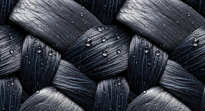 Dark Braided Hair Texture Covered with Water Droplets in Macro Close Up