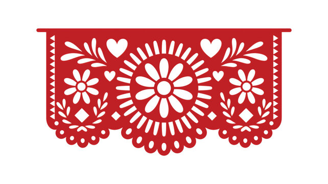 Papel picado banner featuring traditional Mexican floral patterns and heart shapes for festive holiday celebrations and cultural event decorations
