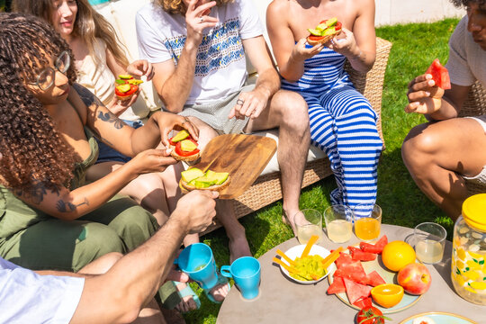 Diverse friends enjoying outdoor healthy picnic in summer garden