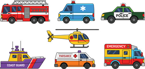 Emergency and Rescue Vehicle Icon Set with Fire Truck, Ambulance, Police Car, Coast Guard Boat, Helicopter, and Emergency Van for Safety and Service Design © Sufea