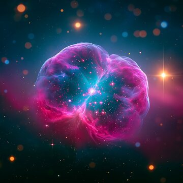 Vibrant magenta and teal M57 ring nebula glowing in deep space