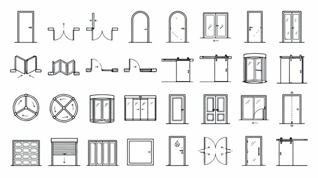 Minimalist door icon set, architectural line art symbols for building plans, 32 vector door types for interior design and floor plan blueprints