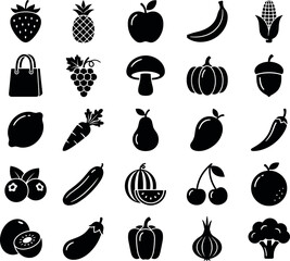 Black Fruit And Vegetable Silhouette Icons Set With Grocery Bag For Food Market Vector Illustration Design © MstAduri