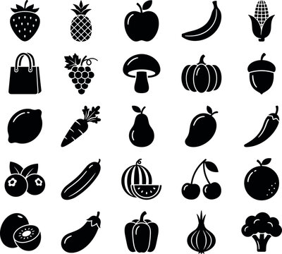 Black Fruit And Vegetable Silhouette Icons Set With Grocery Bag For Food Market Vector Illustration Design